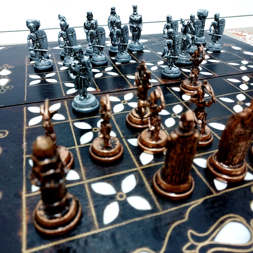The whole chessboard seen from above, silver and bronze armies facing each other mid-game