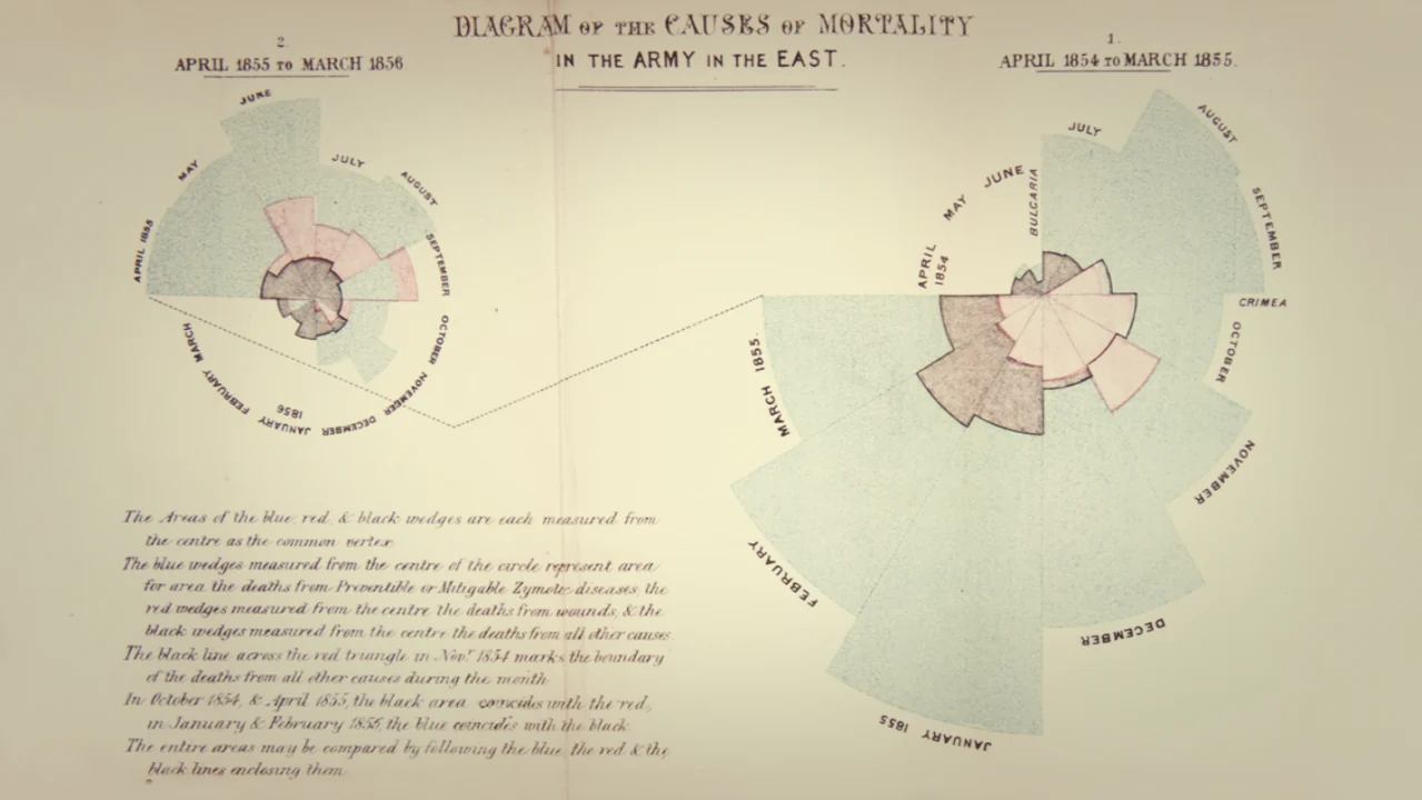 Florence Nightingale's polar area diagram of army mortality in the Crimean War, with large blue wedges for deaths from preventable disease