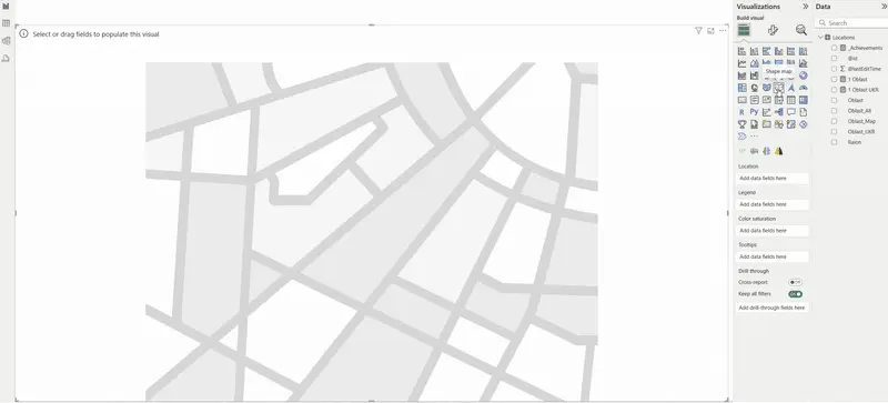 Screen recording in Power BI: a few clicks turn a blank shape map of Ukraine into a shaded choropleth