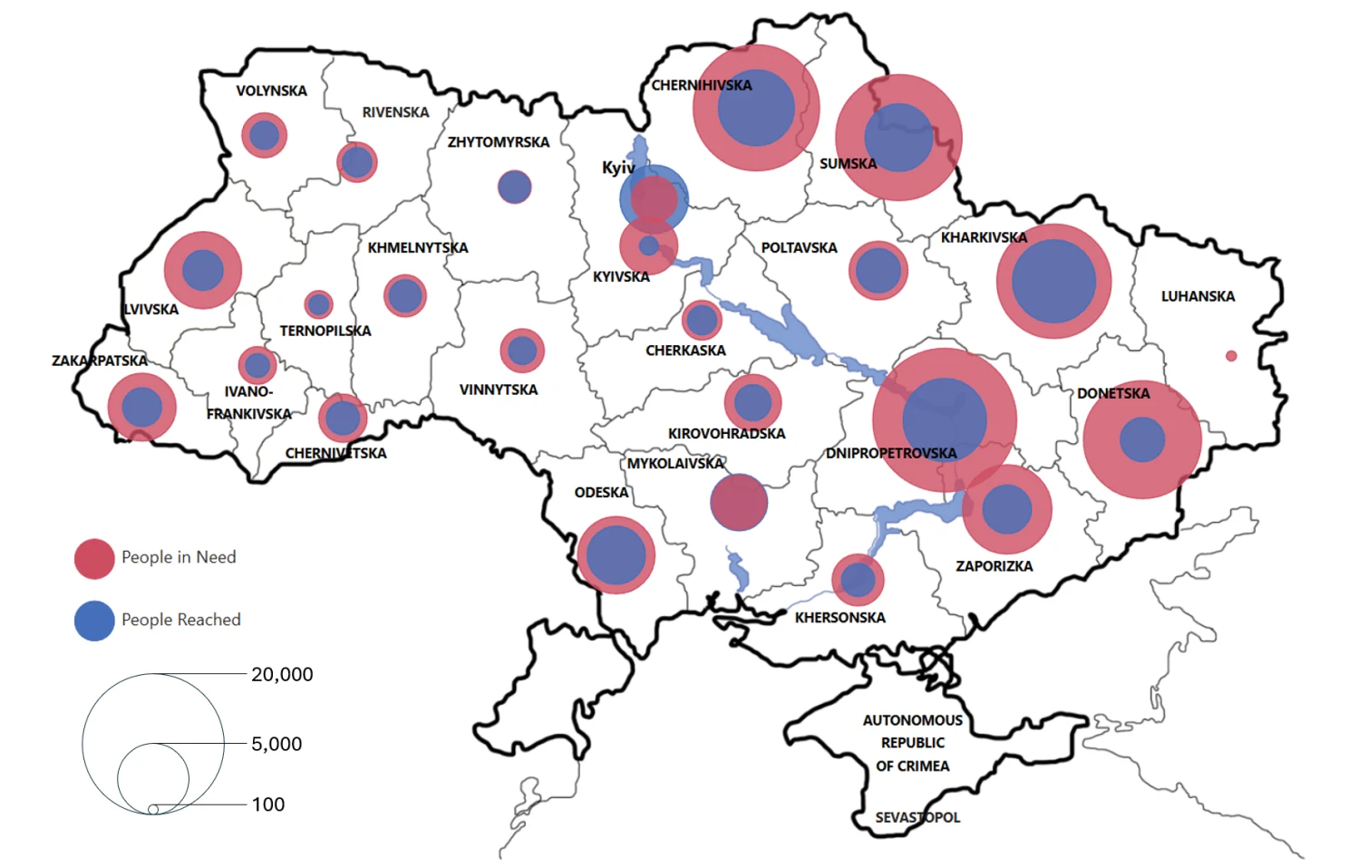 Bubble map of Ukraine comparing people in need (red) with people reached (blue) in each oblast